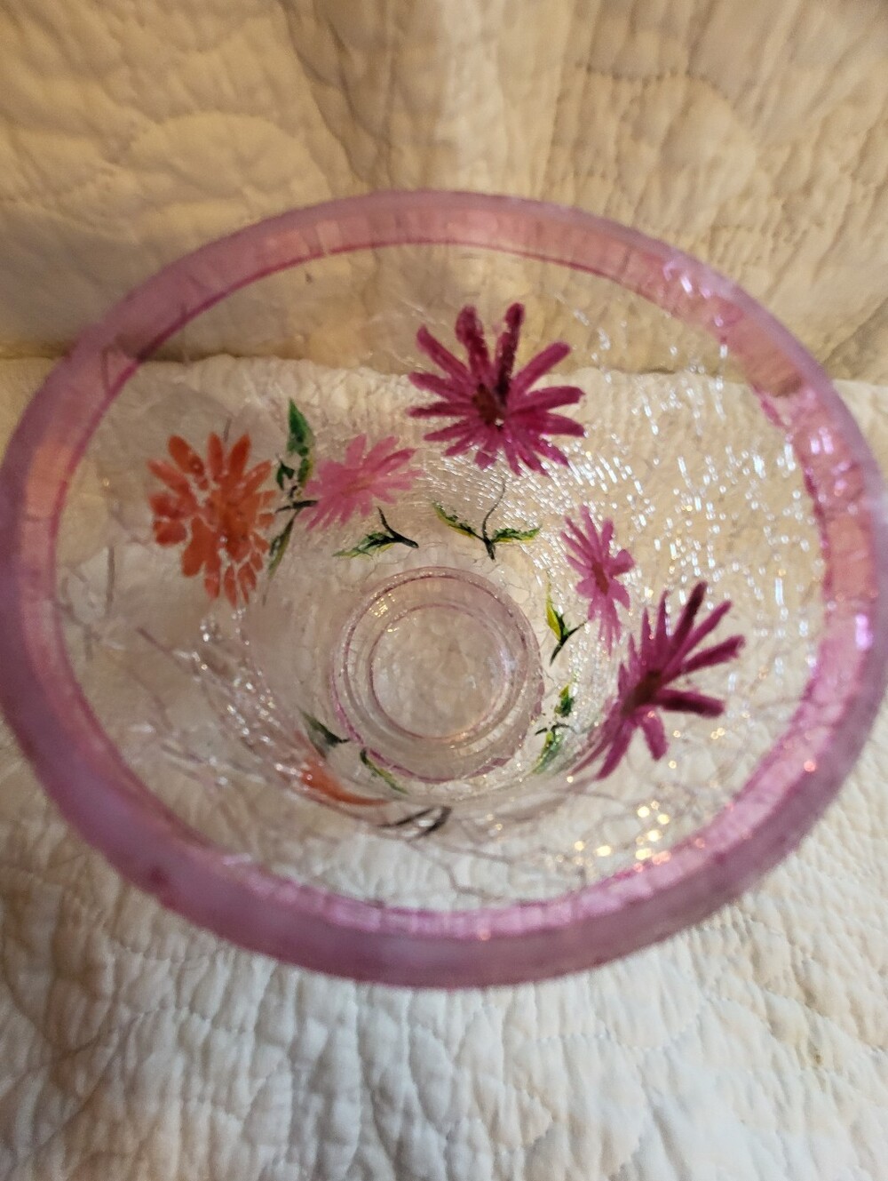Hand-Painted Pink Floral Crackle Glass Vase - Picture 3 of 12